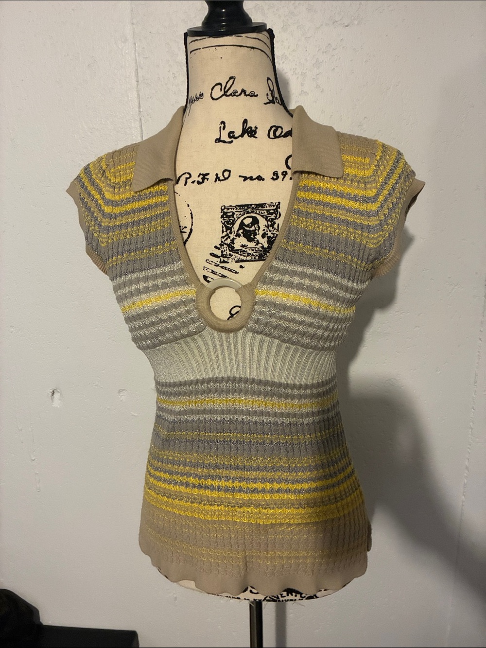 Dkny Striped Knit Cap-Sleeve V-Neck Top in Yellow, Gray, Cream